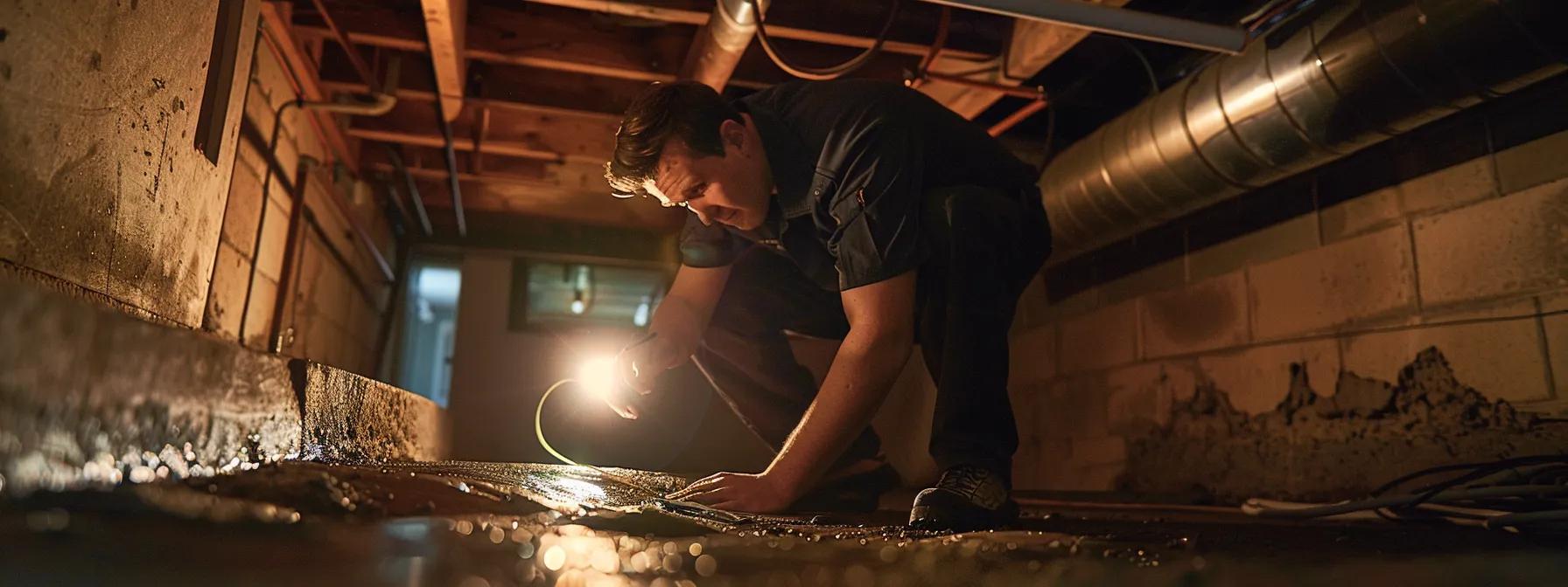 a focused view of a certified technician inspecting a residential foundation with modern diagnostic tools in a well-lit urban basement, highlighting the importance of early detection of water intrusion and structural issues.