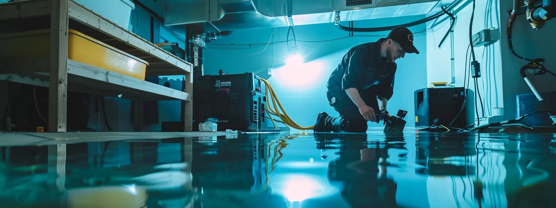 a modern basement waterproofing service in st. louis, featuring a skilled technician inspecting a state-of-the-art waterproofing system, surrounded by advanced equipment and clear evidence of water intrusion, illuminated by bright, efficient overhead lighting in a clean, well-organized workspace.