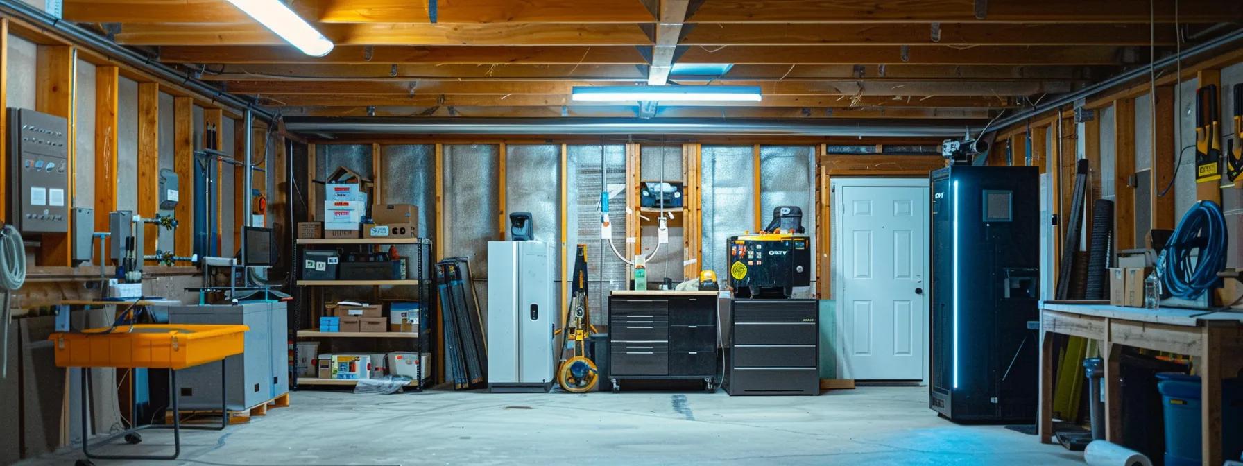 a modern, brightly lit basement repair workshop showcases advanced moisture detection equipment and skilled professionals meticulously inspecting and reinforcing a newly renovated st. louis basement, highlighting the meticulous process of achieving a dry and stable environment.