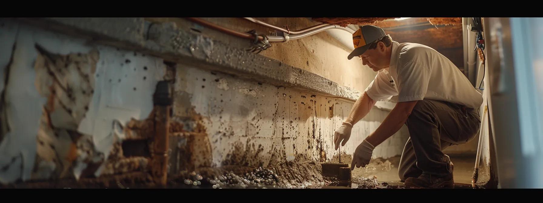 a professional basement repair specialist examines a water-damaged foundation in a well-lit, modern basement, highlighting the expertise and commitment to quality of mayim basement waterproofing.
