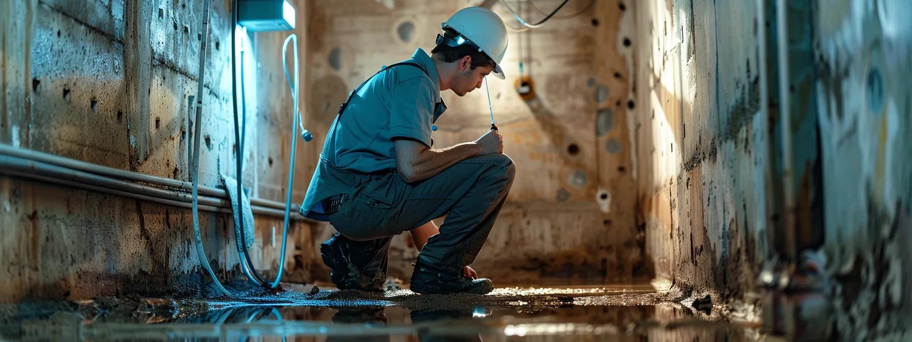 a well-lit, modern basement inspection scene showcases a professional in a hard hat examining a damp, cracked wall, surrounded by essential tools to identify water intrusion and foundation issues.