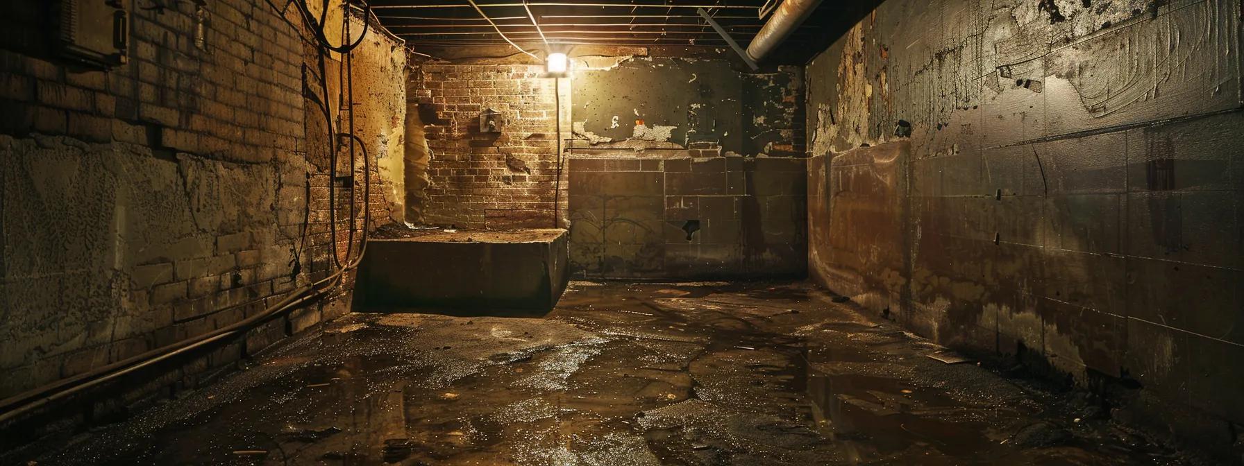 a dimly lit basement in st. louis reveals cracked walls and pooling water, highlighting the urgent need for inspection and repair of foundation issues in a visibly distressed environment.