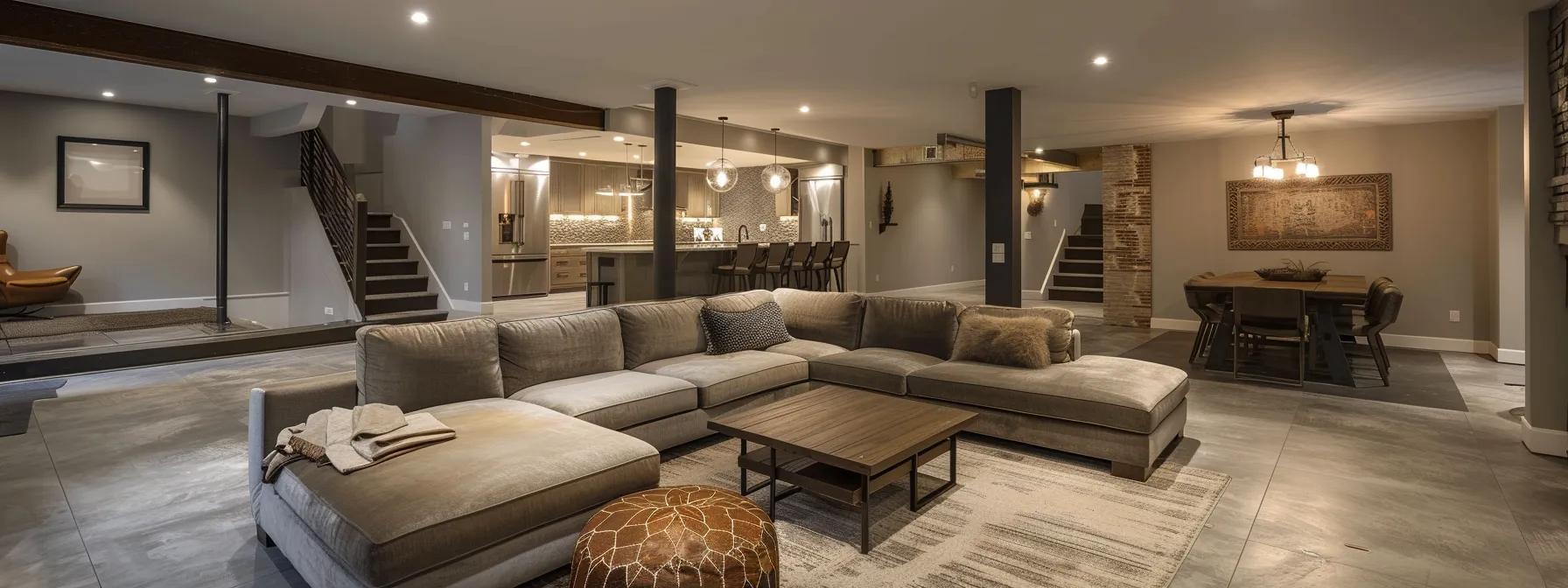 a meticulously constructed basement in a st. louis home, featuring innovative water-proofing solutions and modern drainage systems that visually convey the essence of effective water damage prevention.