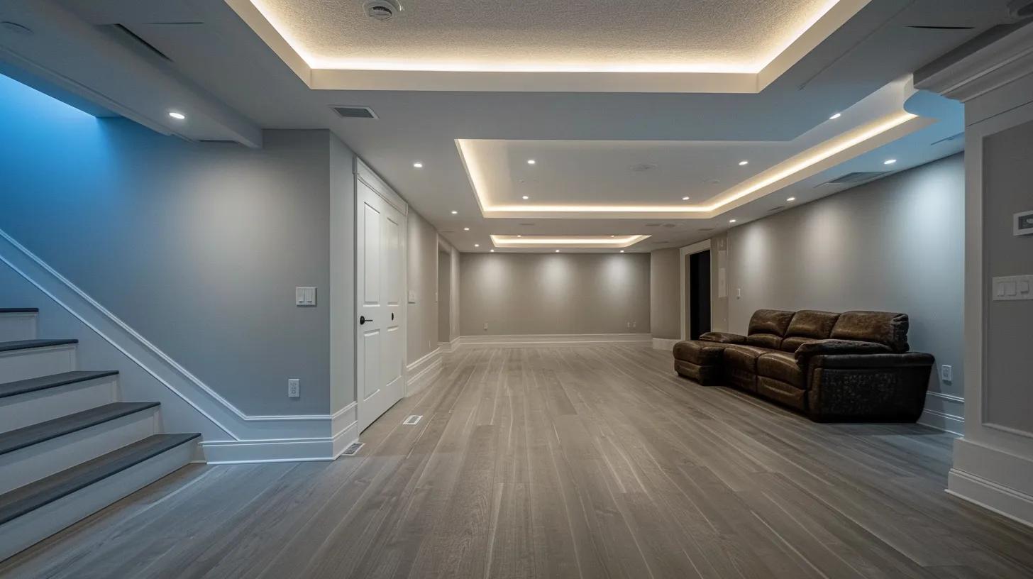 a modern basement interior showcases cutting-edge waterproofing techniques with sleek, seamless barriers and protective coatings, illuminated by bright overhead led lights, emphasizing a clean, stylish design that blends functionality and aesthetics.
