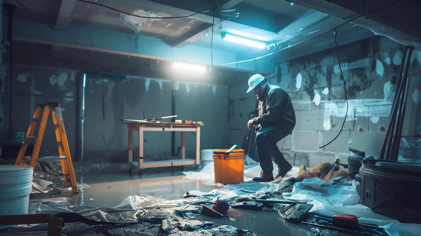 a professional contractor assesses a damp basement, surrounded by tools and waterproofing materials, elegantly illuminated by bright overhead lights, showcasing the contrast between interior and exterior waterproofing solutions.