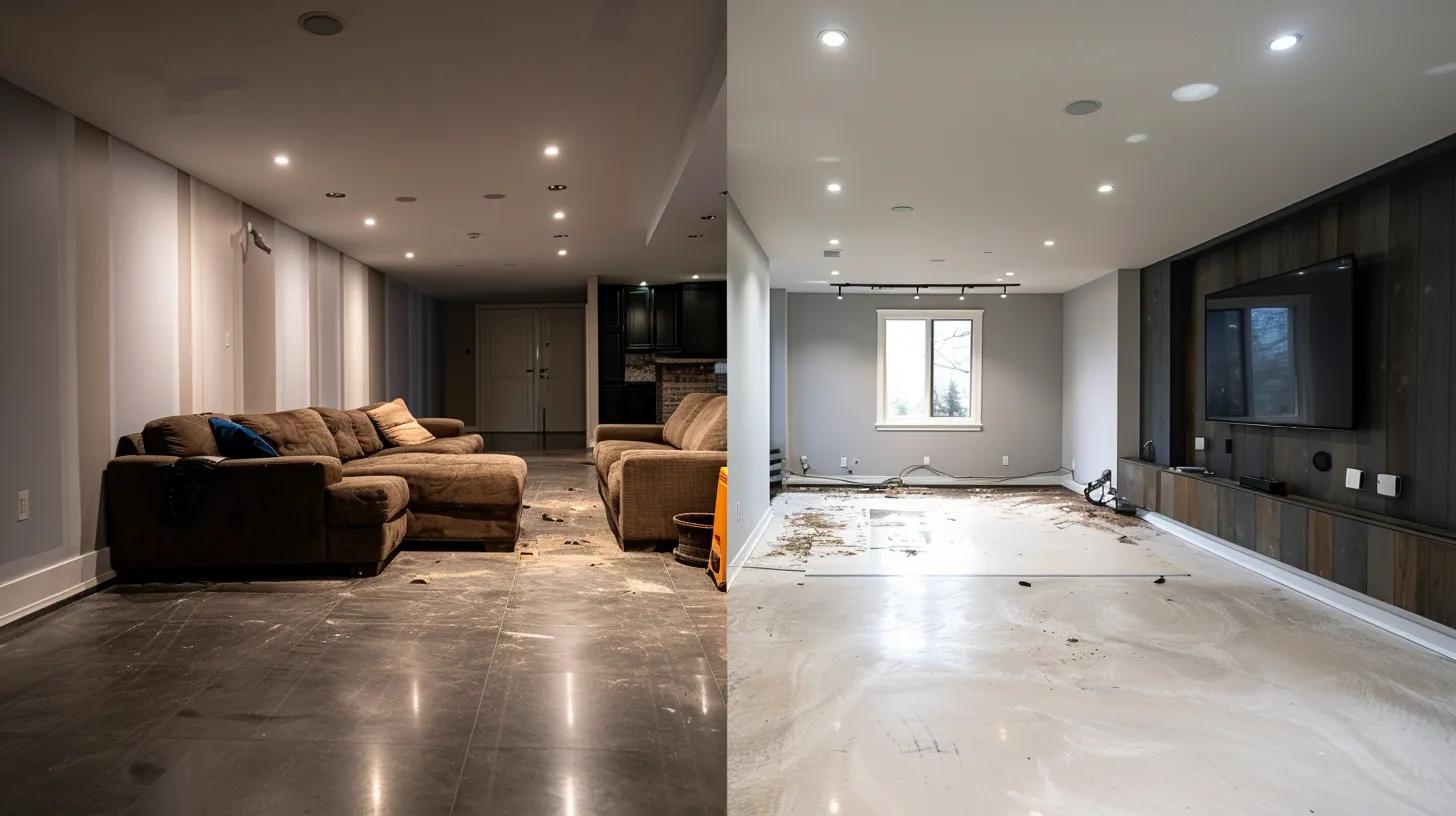 a sleek, modern basement under bright artificial lights showcases a side-by-side comparison of improperly sealed walls detrimentally marked with dampness and a professionally waterproofed section displaying flawless, dry surfaces, emphasizing the stark contrast between diy attempts and expert workmanship.