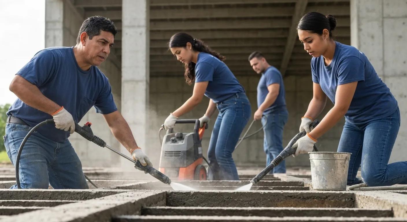 Team of professionals performing foundation repair and waterproofing services
