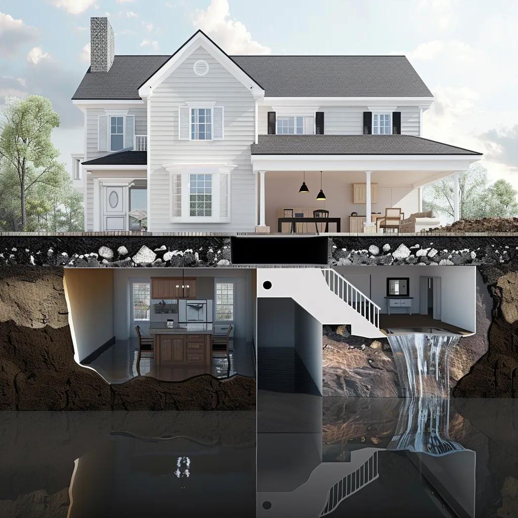 Illustration of common basement water problems in St. Louis contrasting with effective waterproofing solutions