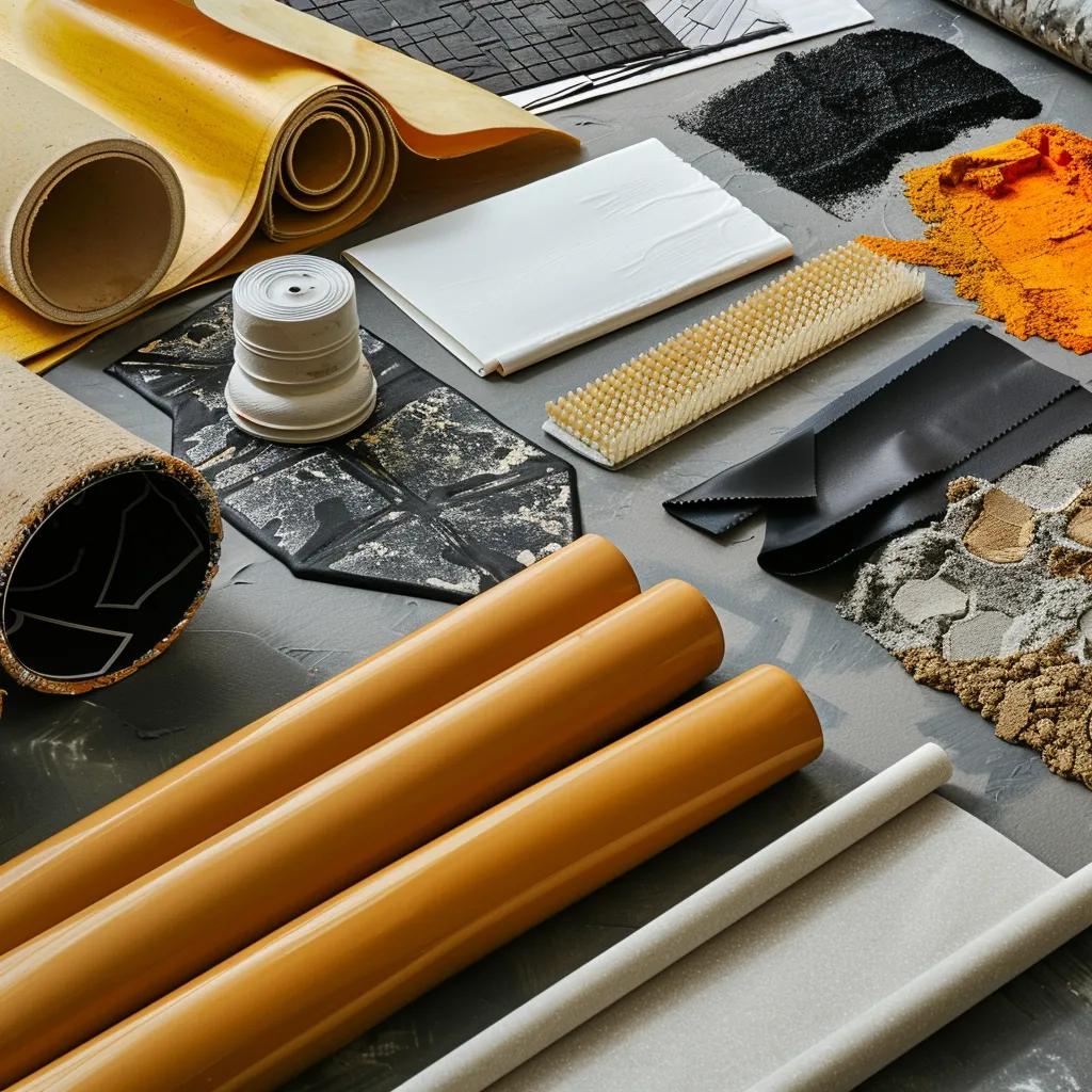 Display of premium waterproofing materials including liquid rubber, cementitious coatings, bentonite clay