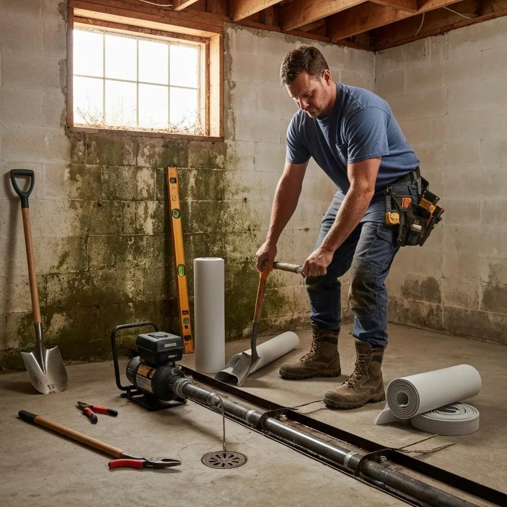 A contractor installing a sump pump and drain tile system as part of the basement waterproofing process.