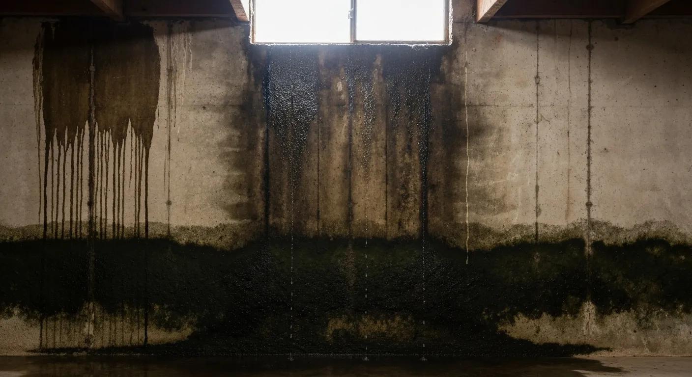 Visible signs of water damage in a basement, such as moisture stains and mold growth on walls.