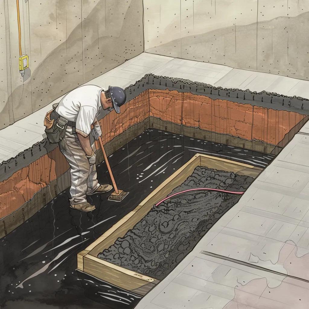 Worker installing an interior French drain in a basement, surrounded by exposed soil and water, illustrating waterproofing solutions for moisture control.