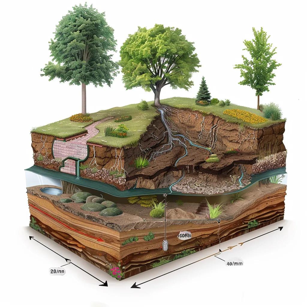 Illustration of soil layers and water drainage system, depicting tree roots, groundwater flow, and a brick drainage pathway, relevant to basement waterproofing challenges in St. Louis.